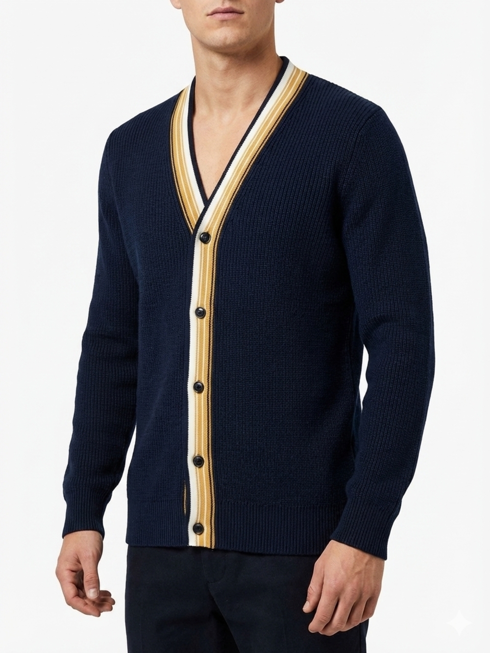 Express Navy Cardigan with Gold and Cream Stripe Trim